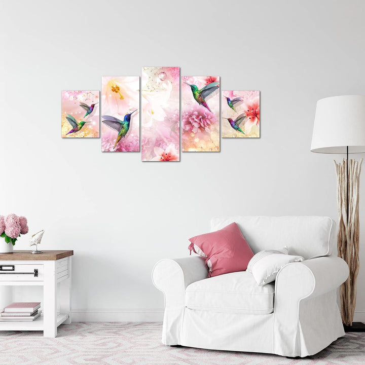 Runa Art Wandbilder Blumen Kolibri 5 Teilig Bild auf Vlies Leinwand Deko Wohnzimmer Vintage Rosa Bun