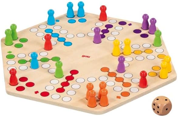 goki 56298 – Ludo für bis zu 6 Spieler aus Holz – Gesellschaftsspiel im XL-Format, Durchmesser ca. 3