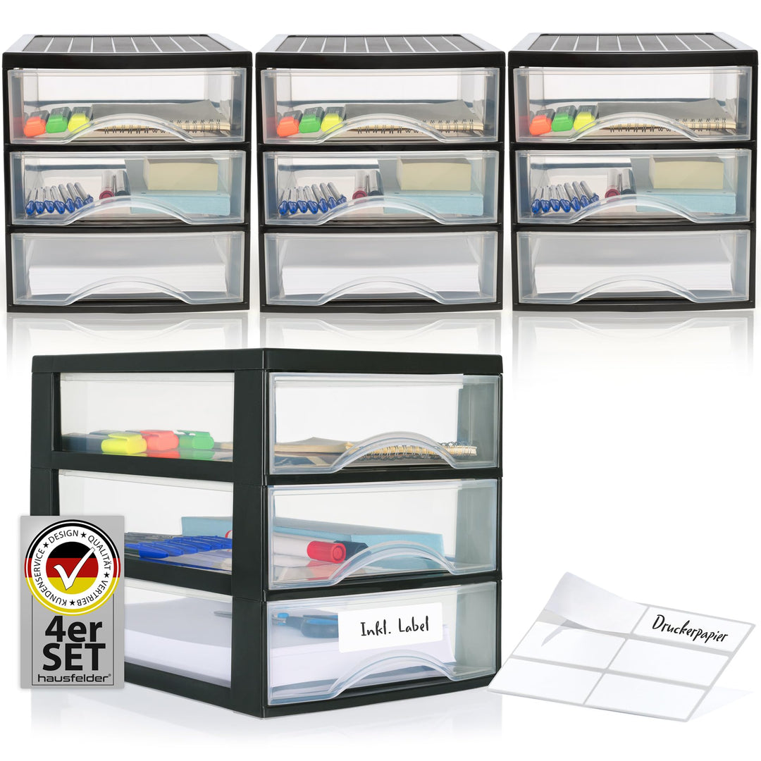 Hausfelder Schubladenbox A4 mit 3 Schubladen inkl. Aufkleber, Schubladenturm Box aus Kunststoff für