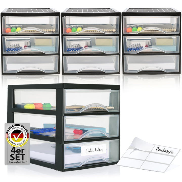 Hausfelder Schubladenbox A4 mit 3 Schubladen inkl. Aufkleber, Schubladenturm Box aus Kunststoff für