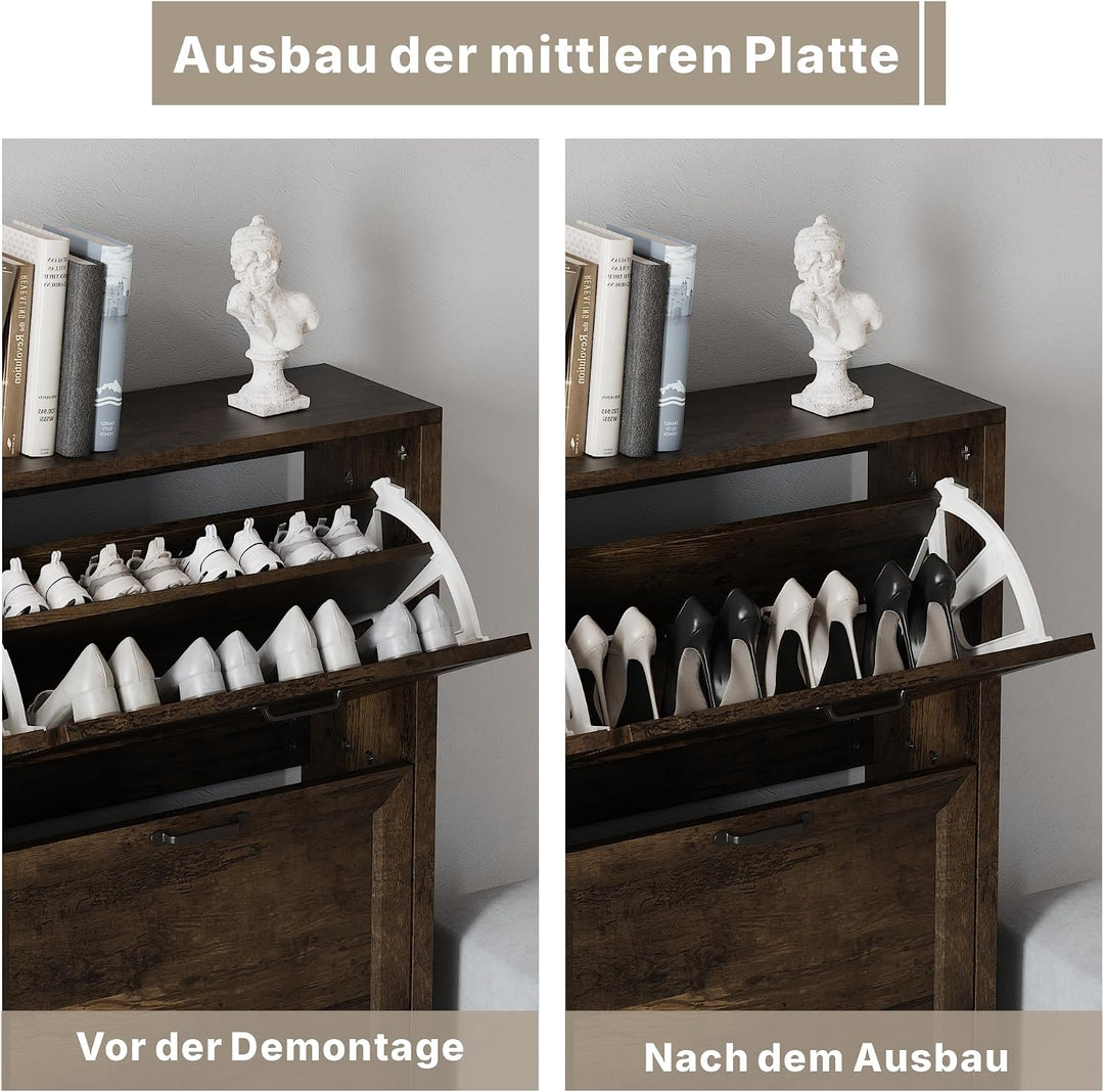 Schuhschrank mit 2 Klappschubladen，120x 81x23cm，Schmaler freistehender Schuh-Organizer，für Eingangsb