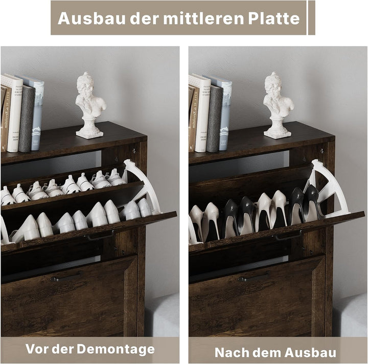 Schuhschrank mit 2 Klappschubladen，120x 81x23cm，Schmaler freistehender Schuh-Organizer，für Eingangsb