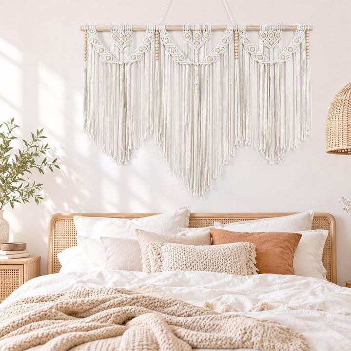 Dremisland Makramee Wandbehang Boho Holzperlen Wandteppich Beige Wanddeko, Beige
