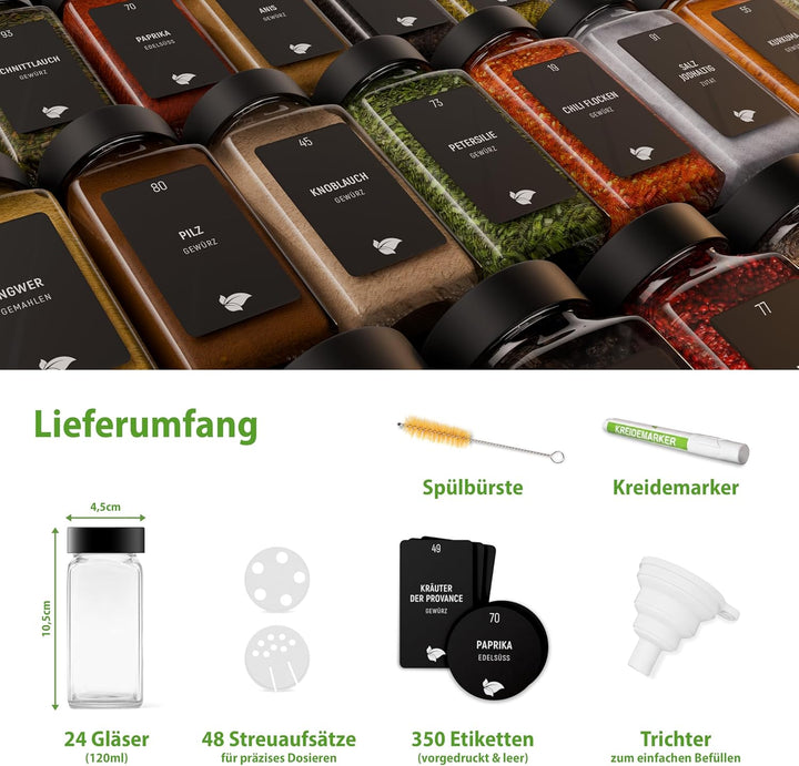 LAEVU Gewürzgläser Set Eckig | 24 Stk. 120ml - 10,5 x 4,5 cm | Gewürzstreuer Schwarz mit 350 Gewürze