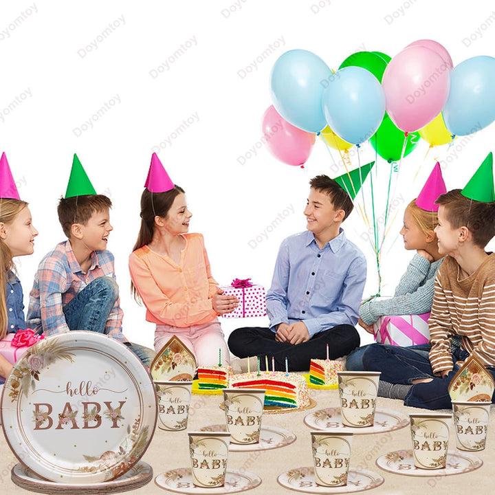 Doyomtoy Boho Baby Shower Partygeschirr,60Stück Baby Shower Papiergeschirr Set - Pappteller Papiertü