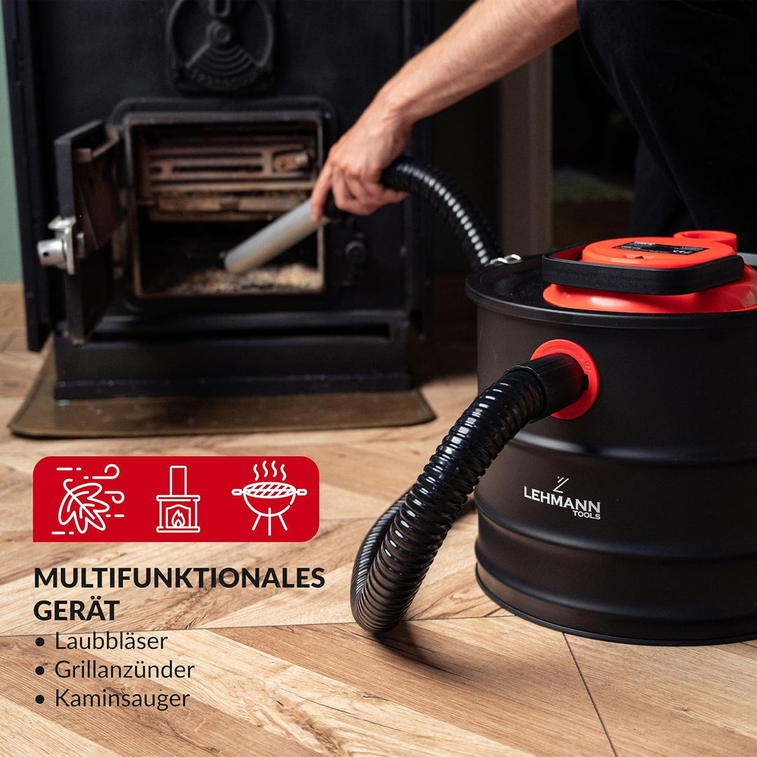 LEHMANN Aschesauger 15L - Kaminsauger für hohe Temperaturen - robustem Metalltank - Waschbar HEPA-Fi