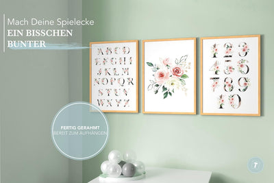 Papierschmiede® Kinderbilder 3er Set Lernposter, A3 gerahmt in Holzrahmen (Natur), Geschenk für Mädc