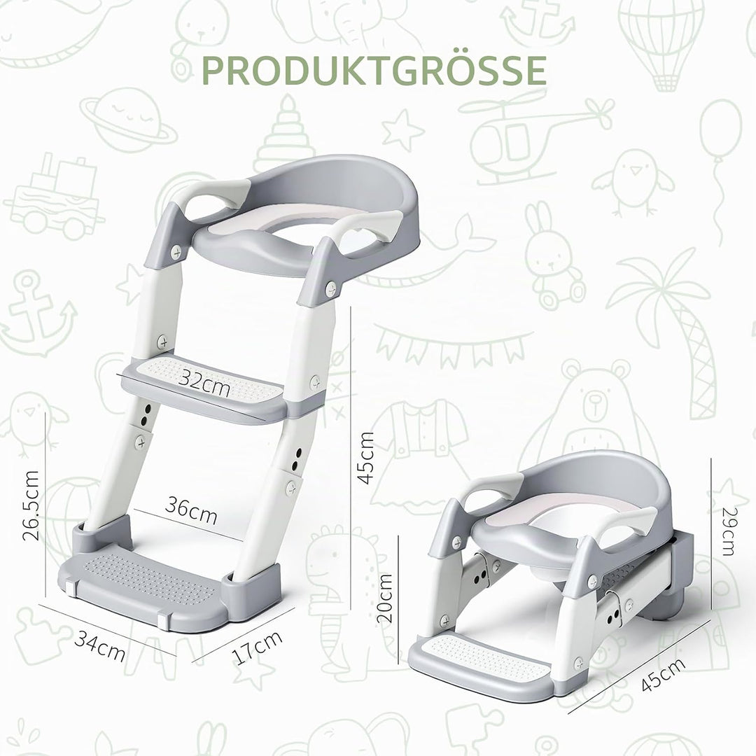 Toilettensitz Kinder mit Treppe, 2-in-1 Toilettentrainer für Kinder, WC Sitz mit PU Gepolsterter, Hö