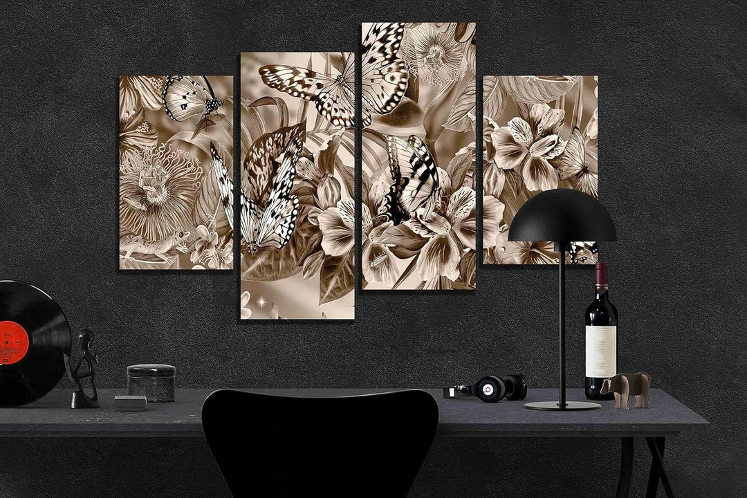 Kunstdruck auf Leinwand, abstrakt, Schmetterlinge und Blumen, 89 x 56 cm, Braun 89cm x 56cm (35 x 22