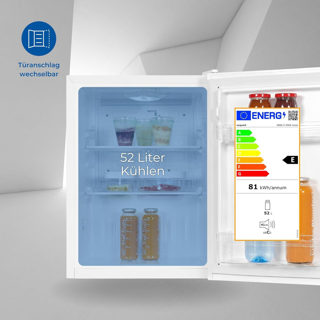Exquisit Mini Kühlschrank KB60-V-090E weiss | 52 l Nutzinhalt | LED-Innenbeleuchtung | Glasablagen |