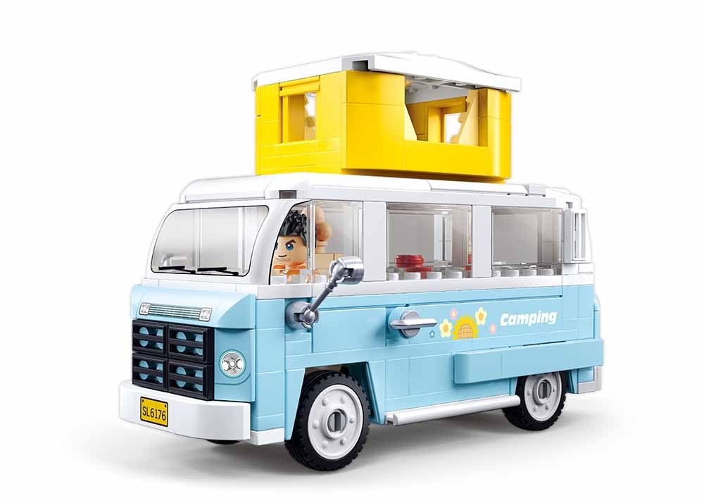 Sluban TS-2 Camping Modellbaukasten, 1/35 Massstab, 265 Teile, Blauer Campingbus mit Gelbem Dachaufs