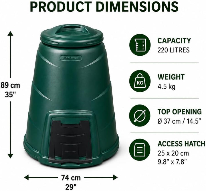Invopak Gartenkomposter aus recyceltem Kunststoff, 220 l, mit Luke und winddichtem Deckel, gebrauchs