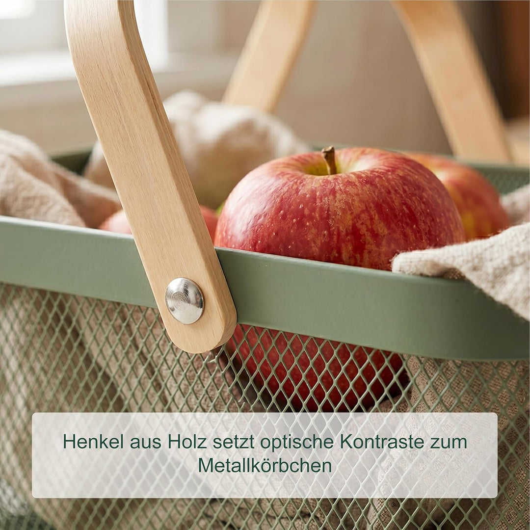 Relaxdays Drahtkorb mit Henkel, eckig, Aufbewahrungskorb Metall & Holz, Utensilienkorb Küche, Bad, W