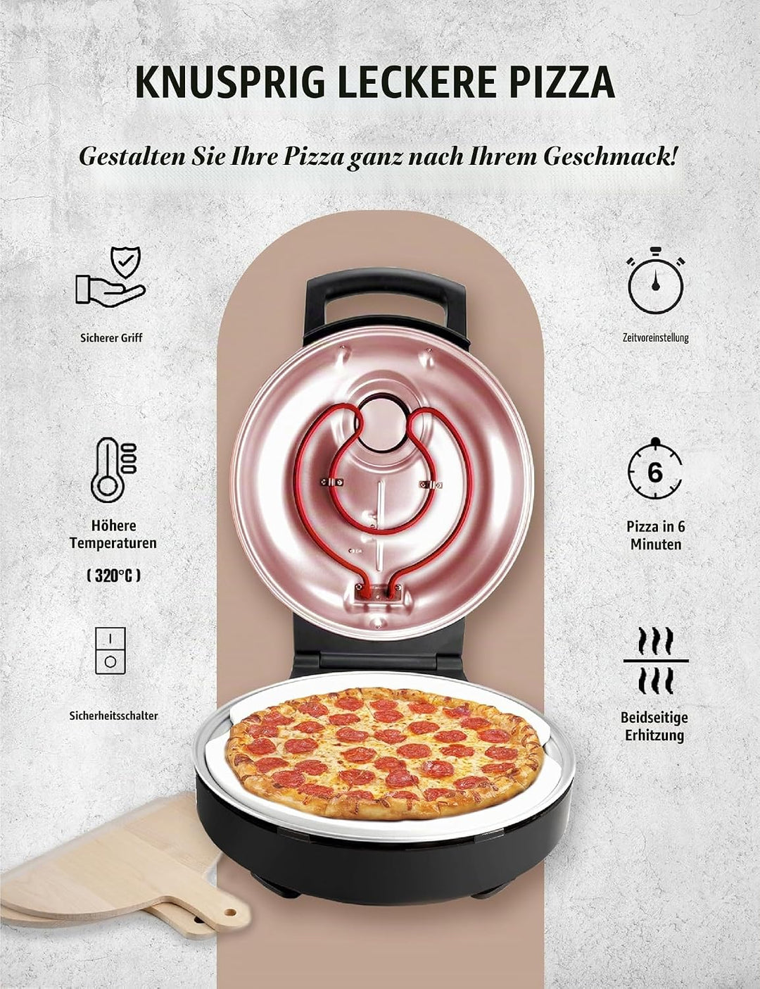 Bestron Pizzaofen für knusprige Pizzen in 5-10 Minuten, elektischer Pizzaofen mit bis zu echten 320°