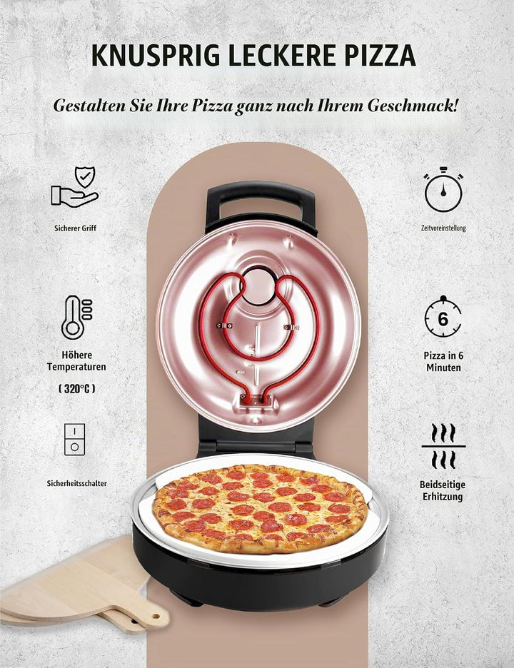 Bestron Pizzaofen für knusprige Pizzen in 5-10 Minuten, elektischer Pizzaofen mit bis zu echten 320°