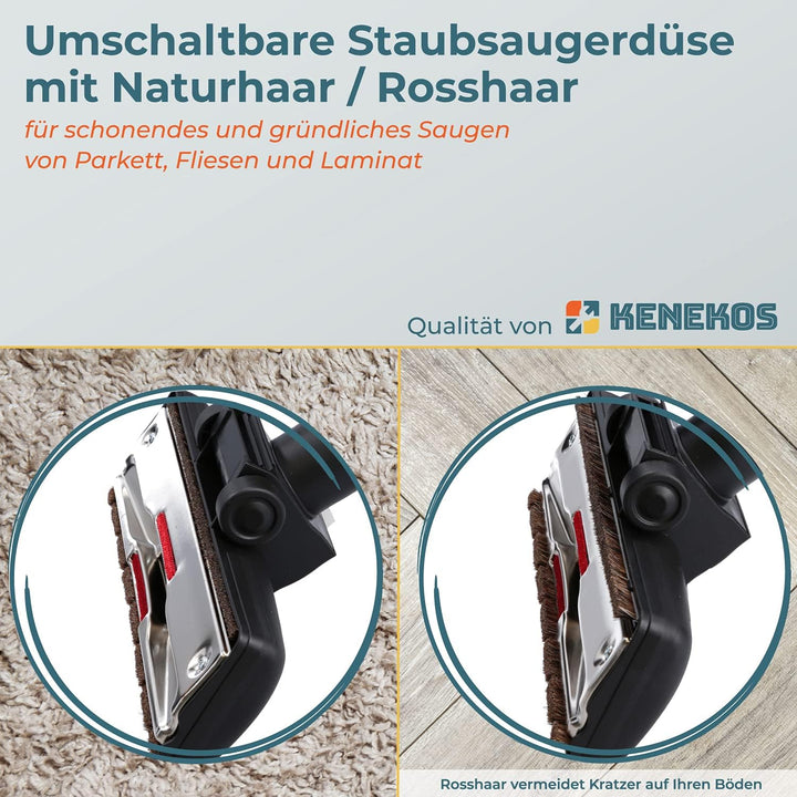 Staubsaugerdüse 35/32 mm, Universal Bodendüse mit Rollen, Fadenheber und Rosshaarbürste, Bodenblech