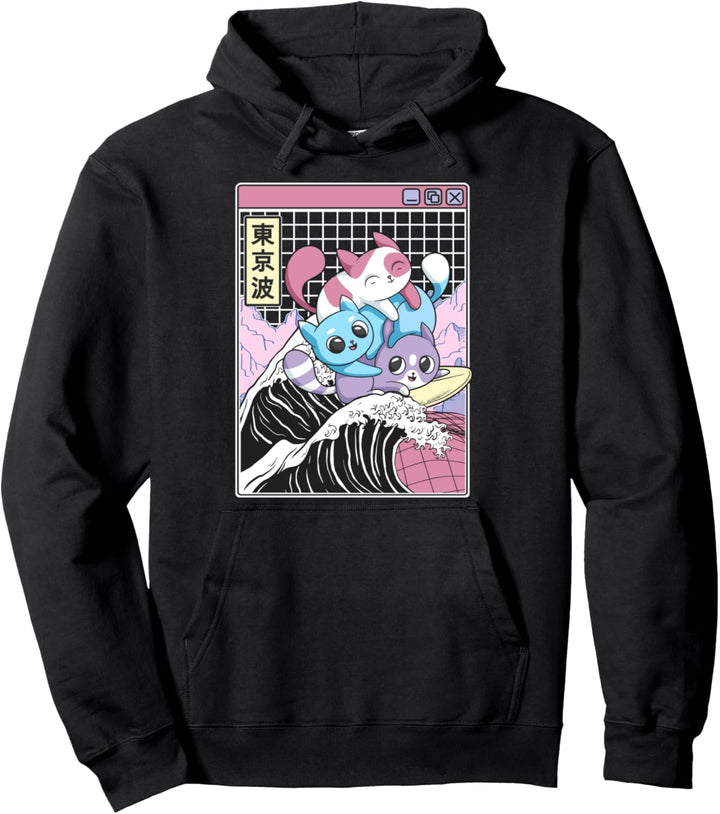 Spielende Katzen Surfen Kanagawa Wave Kawaii Anime Vaporwave Pullover Hoodie