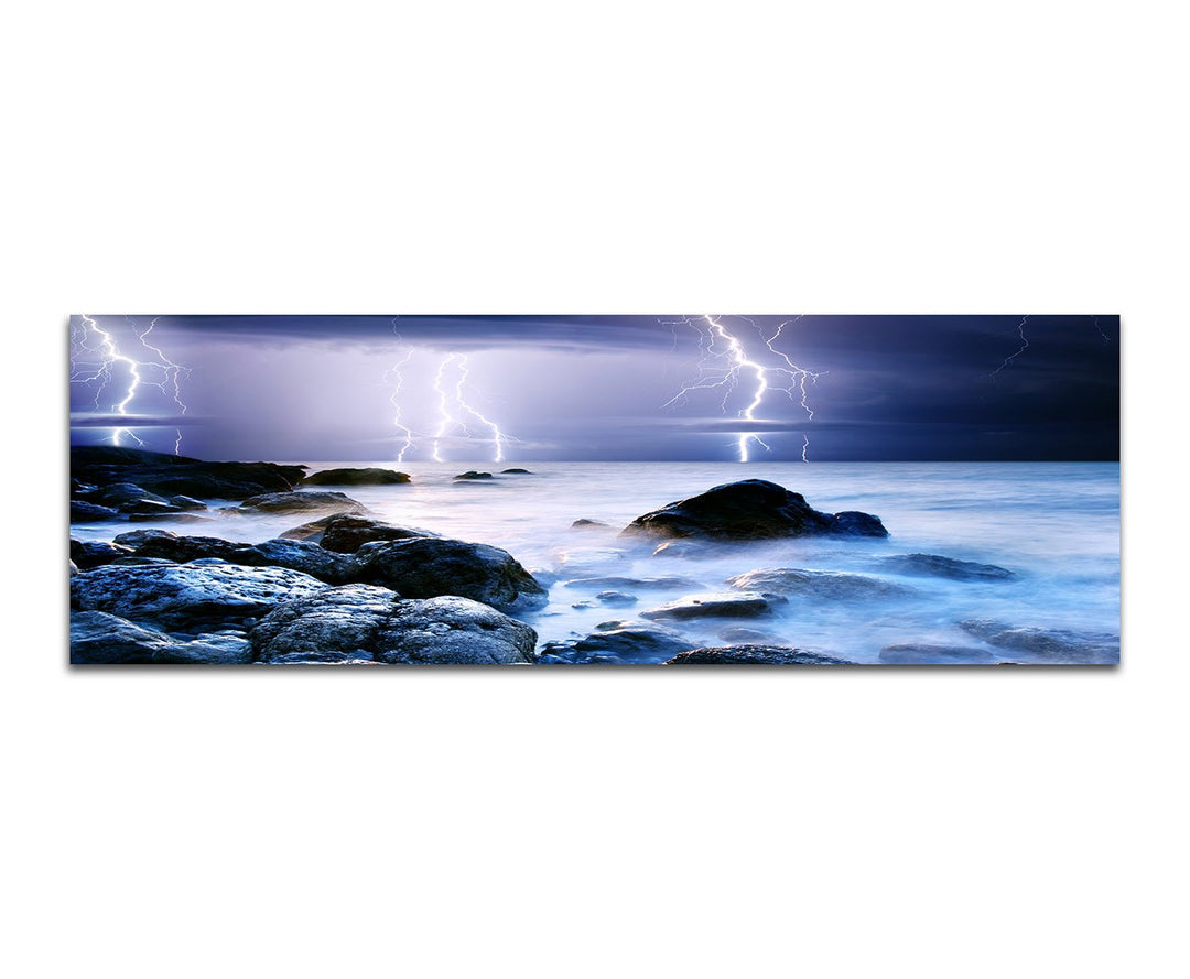 Paul Sinus Art Panoramabild auf Leinwand und Keilrahmen 150x50cm Meer Sturm Gewitter Blitze Dunst