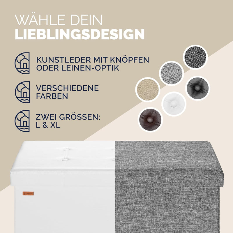 CASARIA® Sitzbank mit Stauraum 80x40x40cm Weiss Faltbar Gepolstert Deckel Kunstleder Stabil 100L Mod