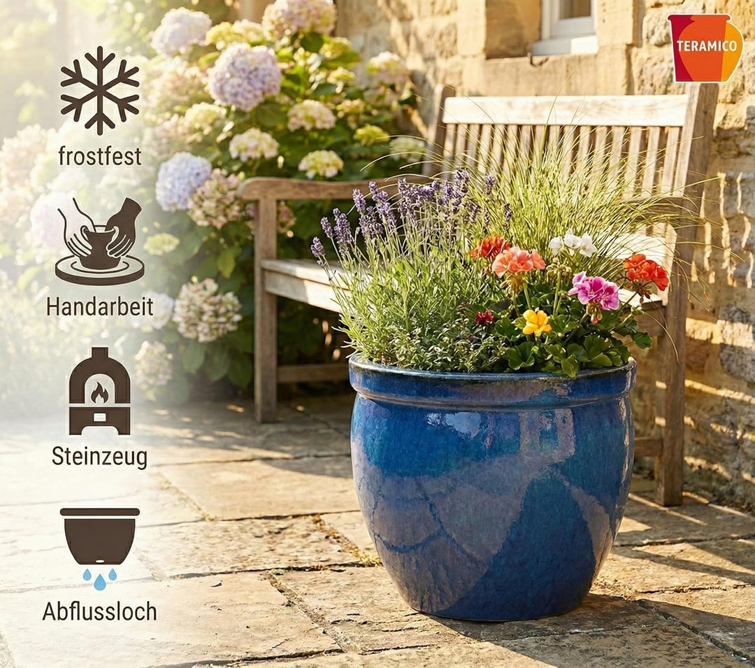 Pflanzgefäss Blumentopf Übertopf Fleur de LYS mit Lilie Keramik Blau Weiss Grau glasiert absolut Fro