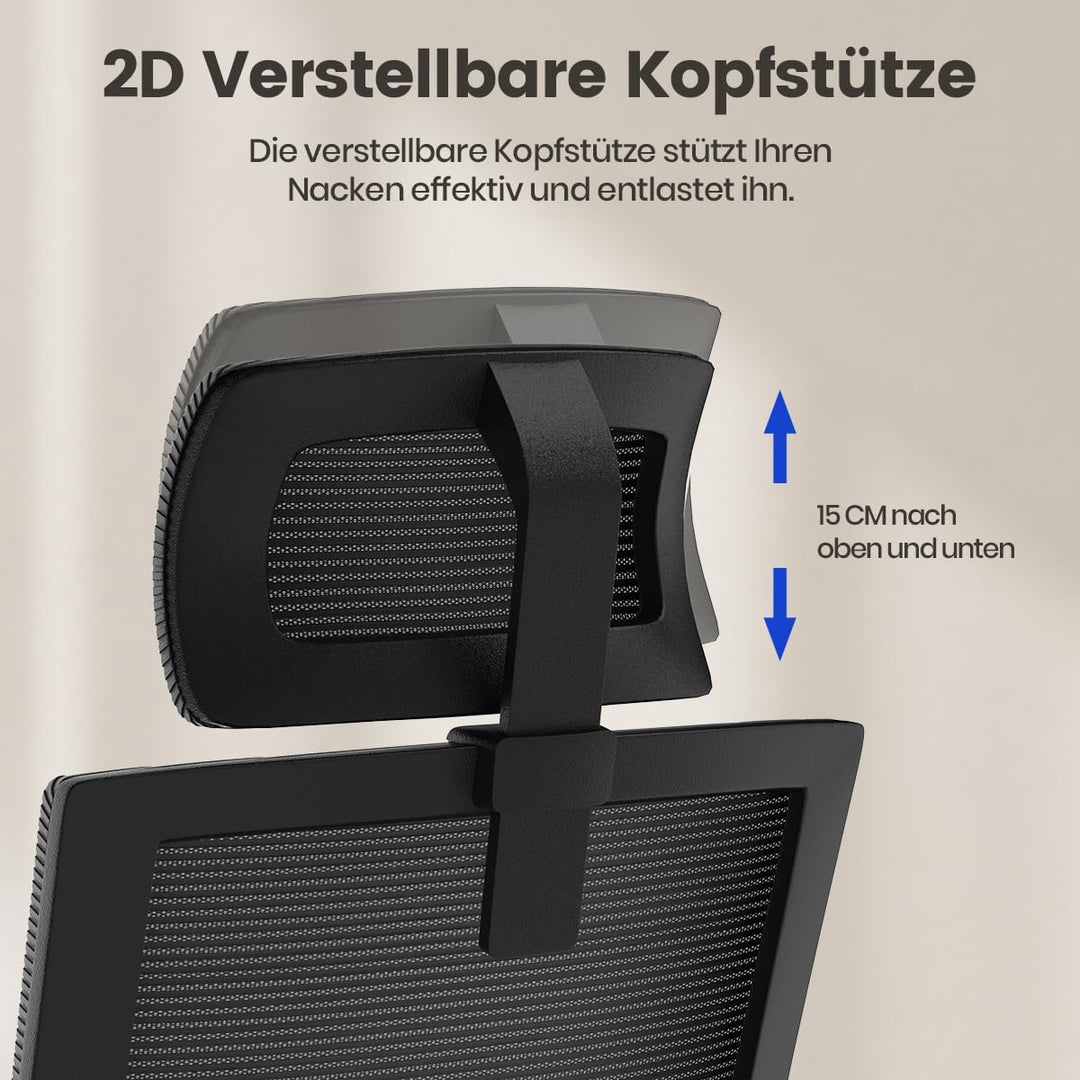 naspaluro Ergonomischer Bürostuhl, Schreibtischstuhl mit Verstellbarer Kopfstütze, Atmungsaktiver Ne