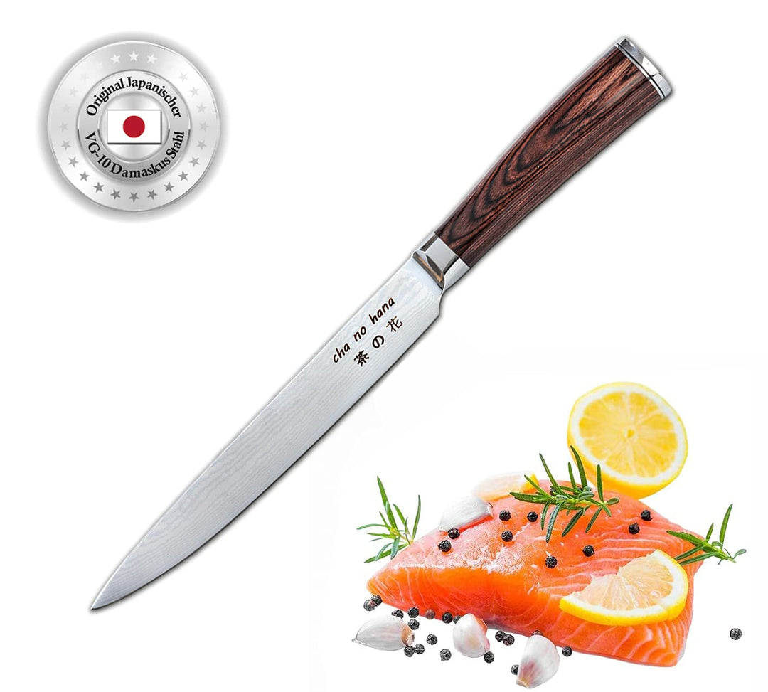 ChaNoHana Damast Sashimi-Messer mit Echtholz Pakkagriff | VG10 Damaststahl-Klinge 20cm 67 Lagen | Fi