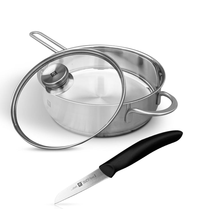 Zwilling TwinNova3 Schmorpfanne Induktion 24 cm mit Deckel + Gemüsemesser 8cm, 3 tlg, Saute-Pfanne U