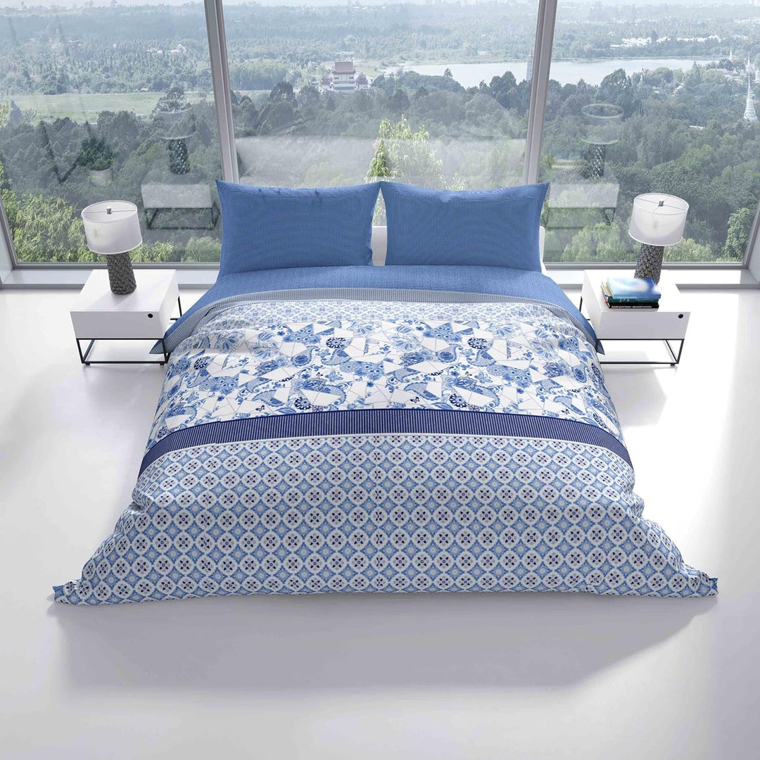 Leonado Vicenti 4 teilig Bettwäsche 155x220 Baumwolle Renforce Kissen Decke Bezug Blau Weiss Knitter