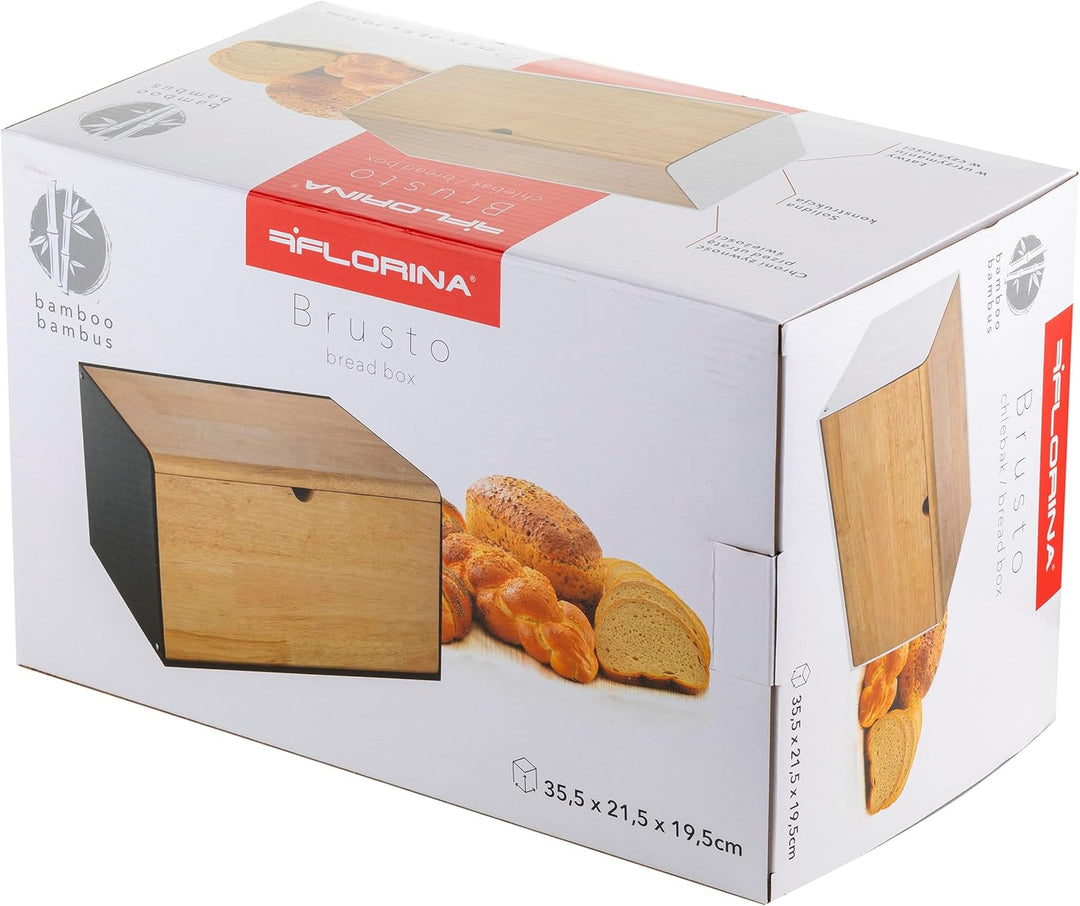 FLORINA Brotkasten BRUSTO 35,5 x 21,5 x 19,5 cm I Brotbox aus Stahl und Bambus-Deckel I Geräumiger u