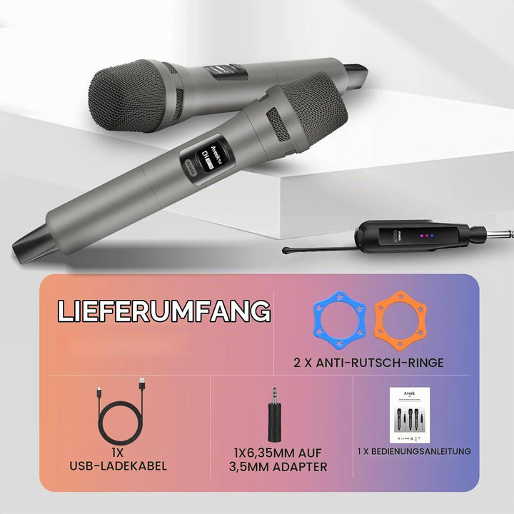 Aveek Kabelloses Karaoke Mikrofon Set, Professionelle Funkmikrofon Set 2.4G, Wiederaufladbar mit USB