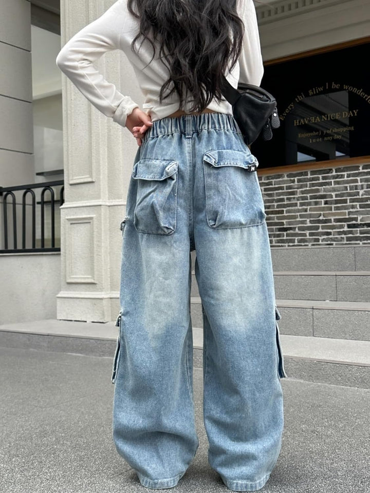 Rolanko Baggy Cargo Jeans für Mädchen, Elastische Hose mit Hoher Taille und Weitem Bein Y2K Jeanshos