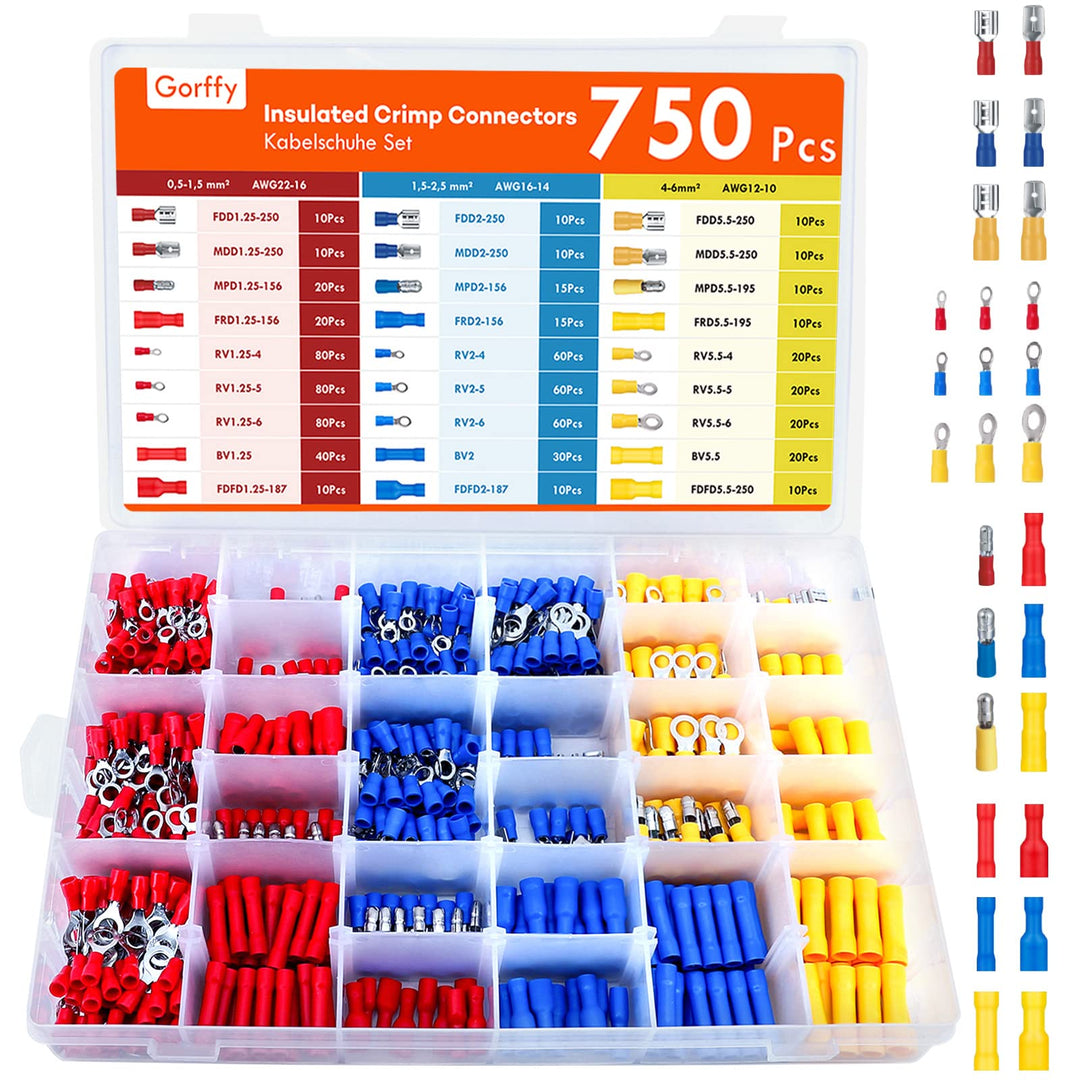 Kabelschuhe Set 750 Pcs, Kabelschuh Flachsteckhülsen Sortiment 0,5-6,0mm², Elektro Flachstecker Set,
