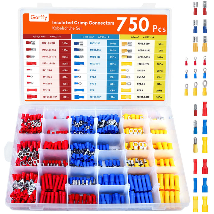 Kabelschuhe Set 750 Pcs, Kabelschuh Flachsteckhülsen Sortiment 0,5-6,0mm², Elektro Flachstecker Set,