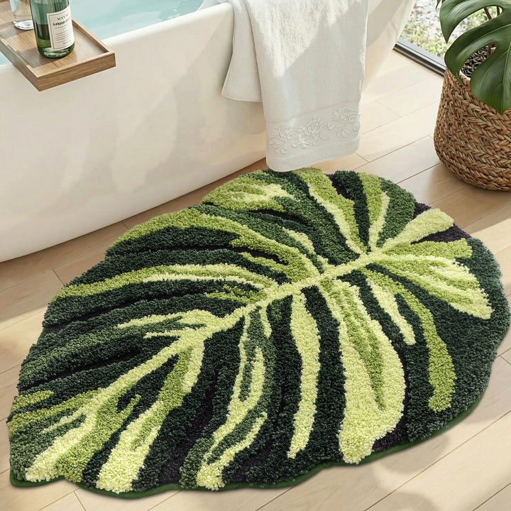 DEXI Badezimmerteppich 80 x 120 cm, Badematte rutschfest Absorbierende mit Monstera Pflanzenmuster,