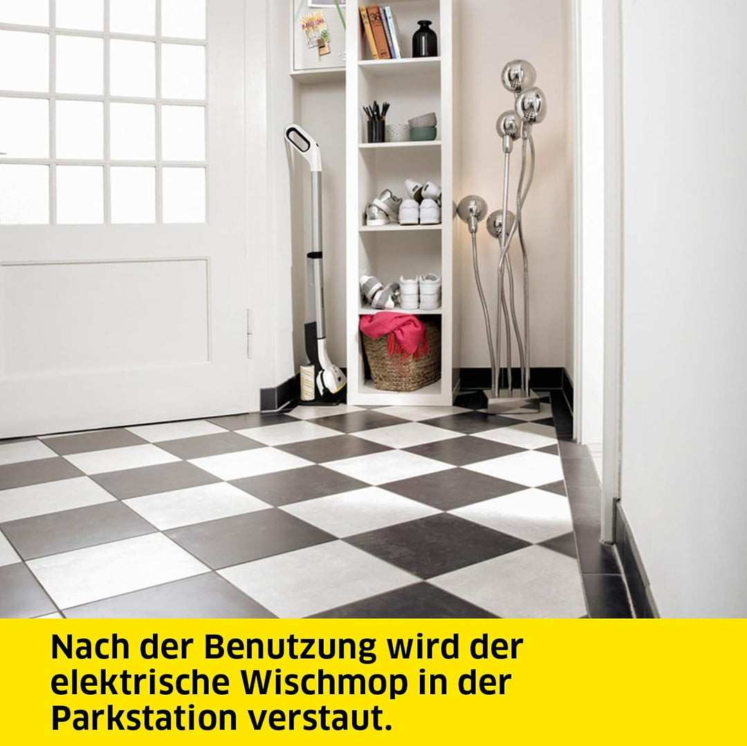 Kärcher Elektrischer Wischmopp EWM 2, kabelloser Bodenreiniger mit 2 rotierenden Mikrofaserwalzen, A