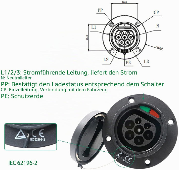 Typ 2 EV-Ladesteckdose New Energy Vehicles Ladesteckdose Typ 2 Dreiphasig 480 V 16 A 32 A Universal