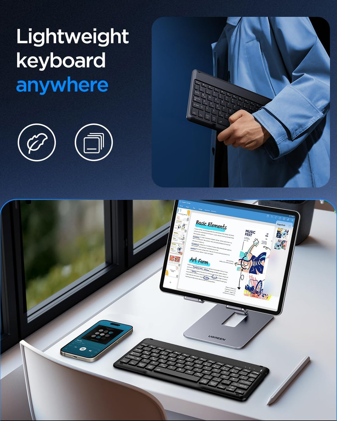 EasyAcc Bluetooth-Tastatur, Kabellose Bluetooth-Tastatur kompatibel mit Windows/Android/iOS, Tastatu