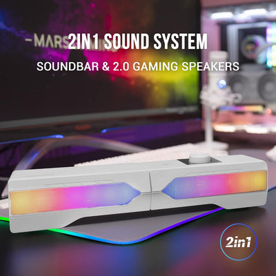 Mars Gaming MSDUOW, Soundbar + Gaming Lautsprecher 2.0, RGB Mesh, Bluetooth 5.0 und Jack, DSP Sound