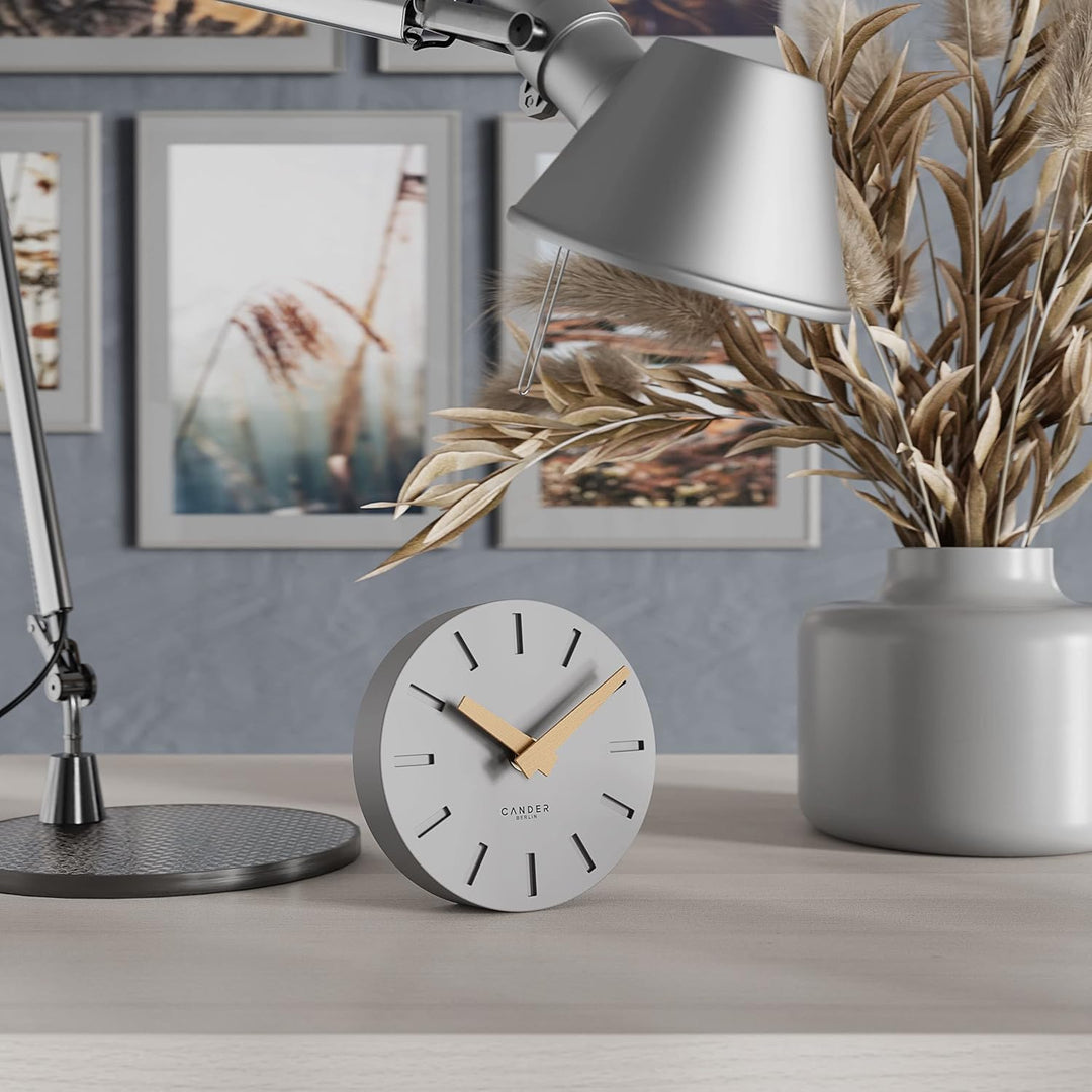 Cander Berlin MNU 2515 G Tischuhr lautlos ohne Tickgeräusche 15 cm analog batteriebetrieben grau MDF