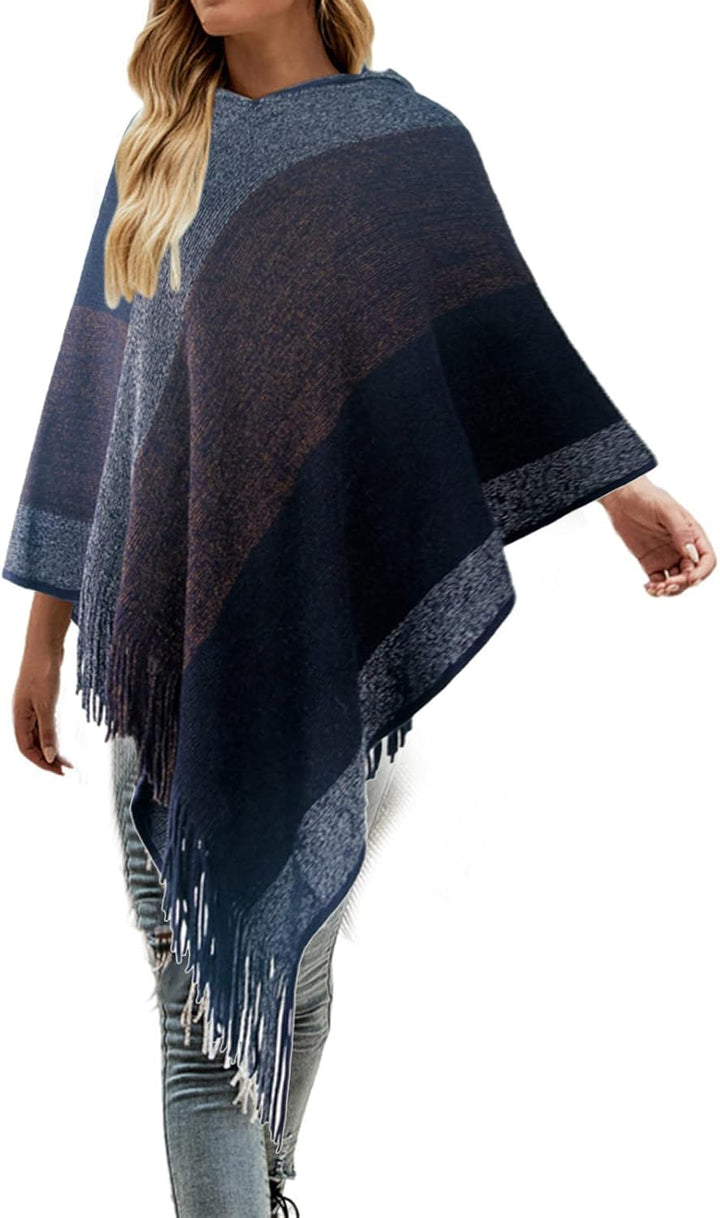 Wahuan Eleganter Bequemer Damen Poncho Pullover mit Chevronstreifen und Fransen Poncho Cape Retro Ca
