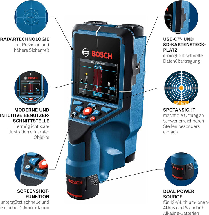 Bosch Professional 12V System Wallscanner D-tect 200 C (12-V-Akku, Ortung von (nicht-)spannungsführe