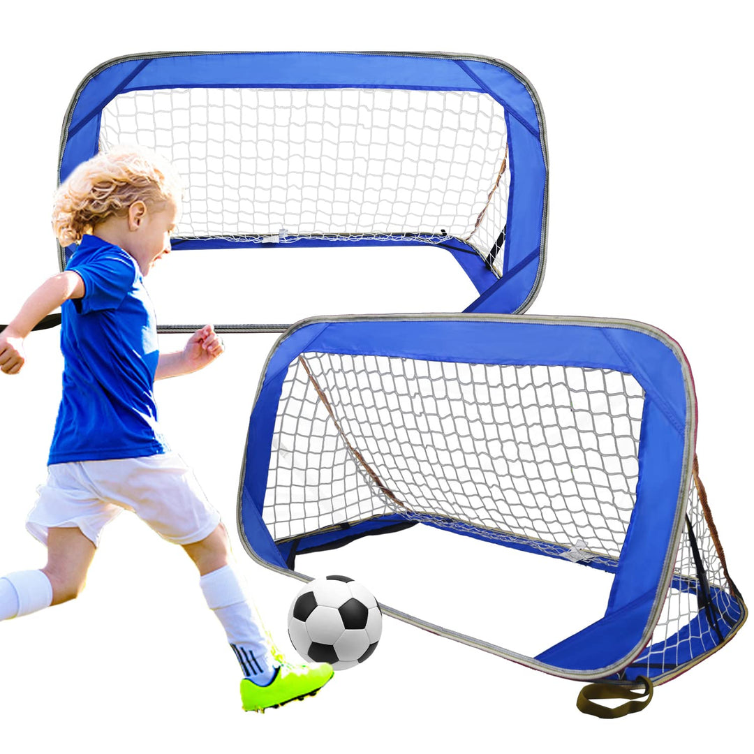 Fussballtore Kinder 2er Set: Pop-Up Fussballtor 120x70x70 cm, Blau, für Garten, mit Polyester-Netz,