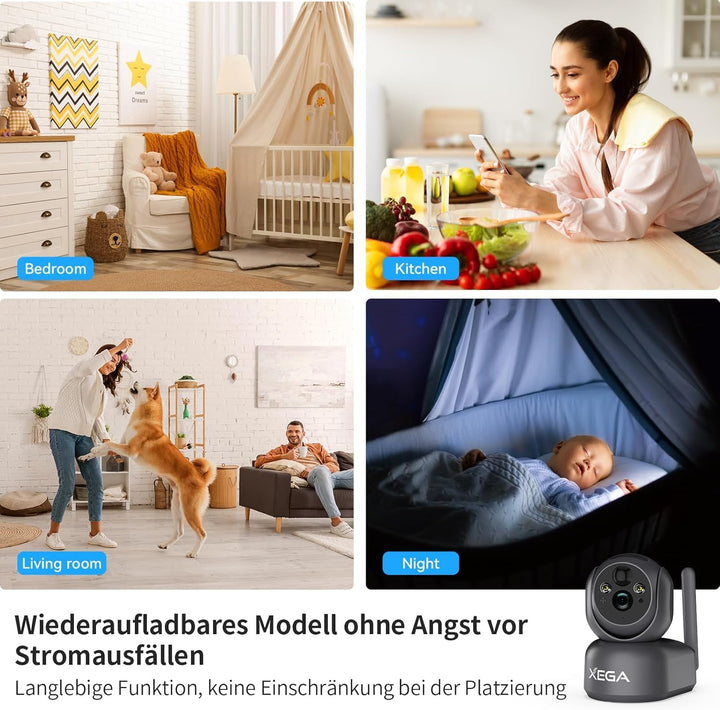 Xega 4G LTE Überwachungskamera Innen Akku mit SIM Karte, Ohne WLAN Kamera mit 7800mAh Batterie, 2K P