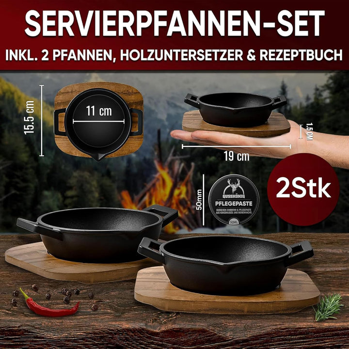 GUSSKÖNIG Gusseisen Grillpfännchen Set (2-teilig) Ø 11 cm – Voreingebrannte Gusseisenpfannen für Gri