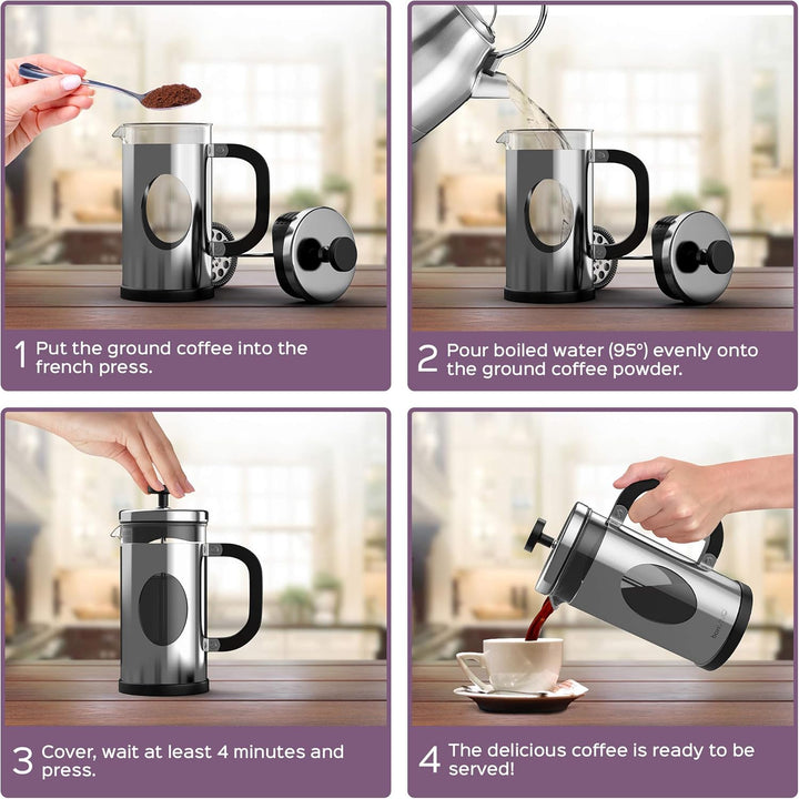 bonVIVO French Press 1L Silber – Kaffeebereiter gross aus Glas & Edelstahl – Kaffeepresse 8 Tassen –