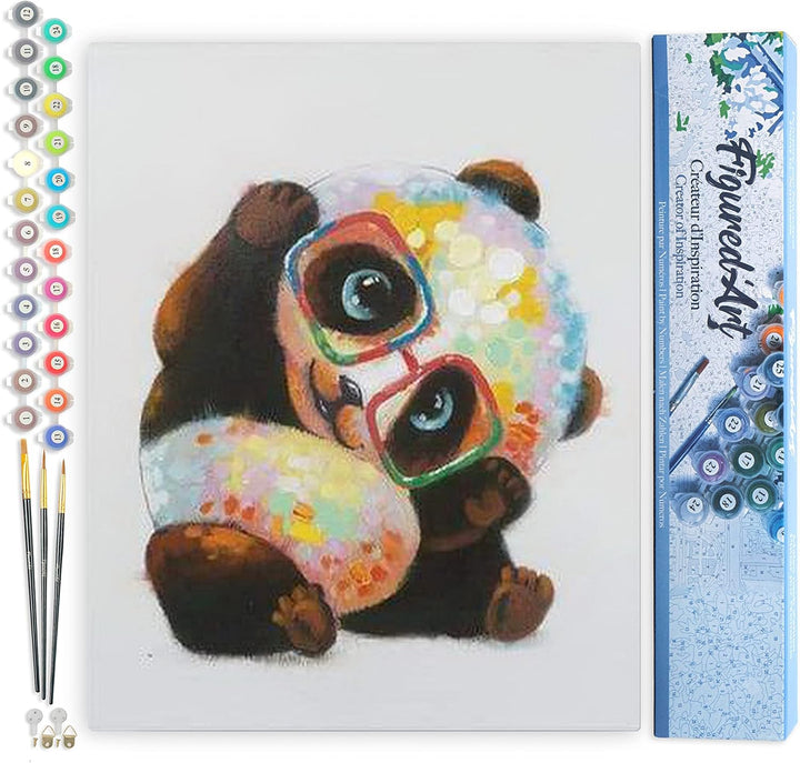 Figured'Art Malen Nach Zahlen Erwachsene Panda und Brillen - Paint by Numbers Basteln DIY Bastelset