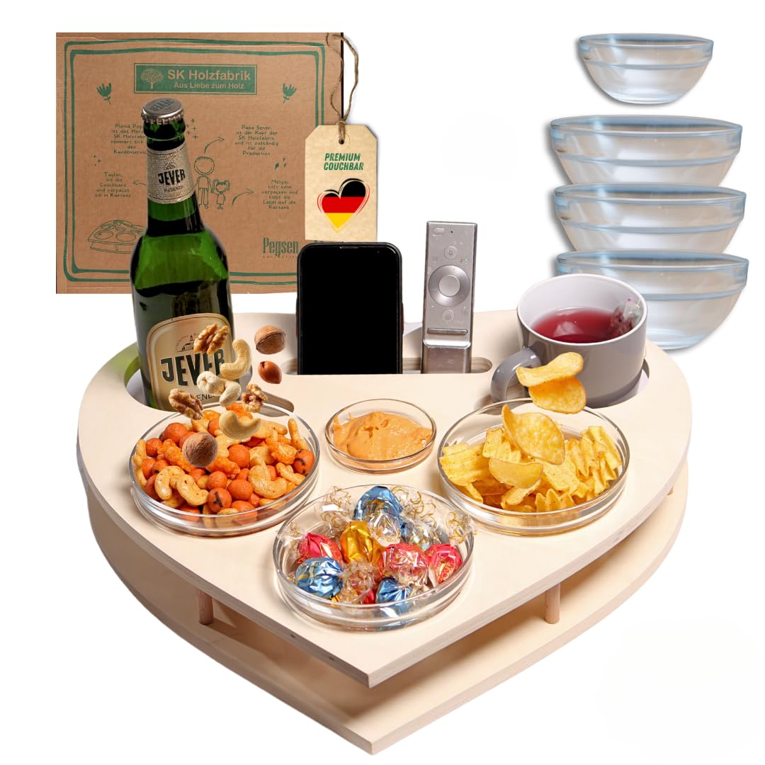 Herz Couchbar in Weiss mit 4 Glasschalen - Couch Tablett für Snacks & Getränke [stabil & sicher] Sna
