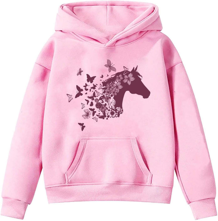 generisch Kapuzenpullover für Mädchen Langarm-Kapuzenpullover mit Pferde-Print für Kinder Rosa 10-11
