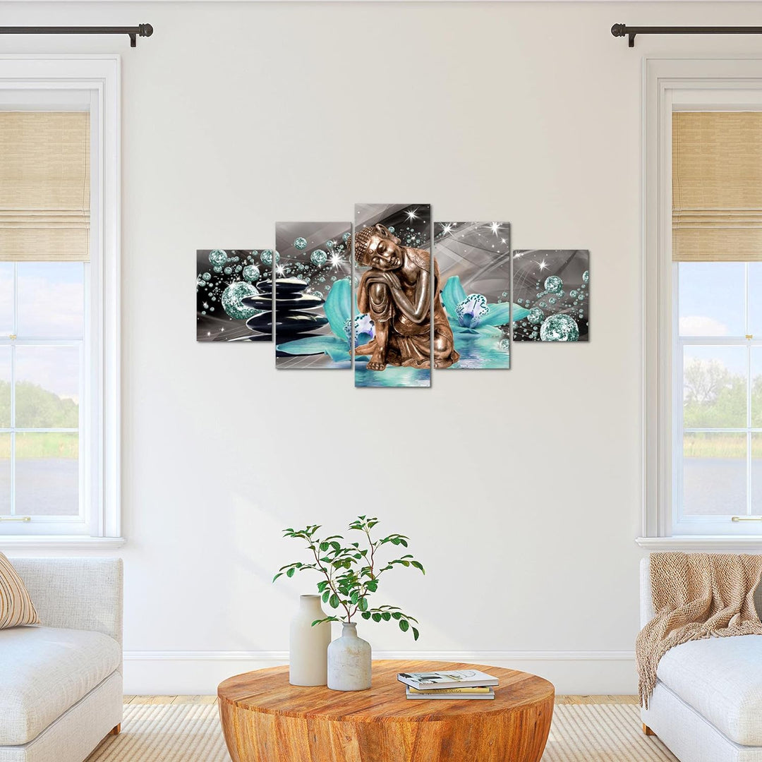 Runa Art Bild Wohnzimmer Schlafzimmer Buddha Orchidee 5 Teilig Abstrakt Türkis Grau Wandbilder auf V