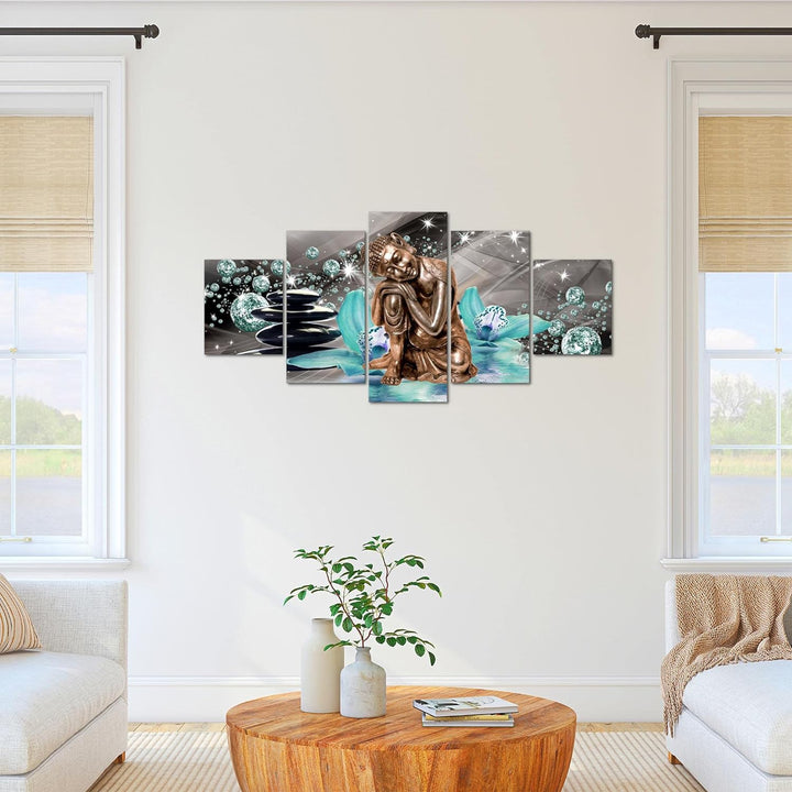 Runa Art Bild Wohnzimmer Schlafzimmer Buddha Orchidee 5 Teilig Abstrakt Türkis Grau Wandbilder auf V